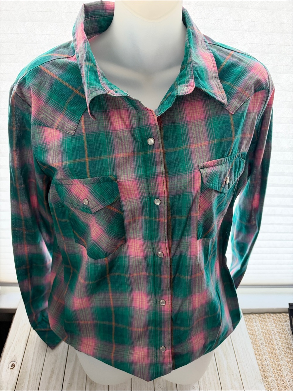 Wrangler Teal and Pink Plaid Snap-Front Western Shirt